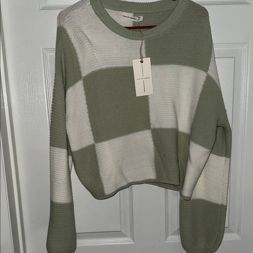 moon & madison Olive and Cream Checkered Sweater